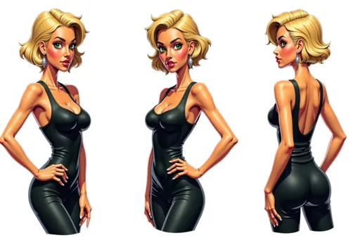 Prompt: A full-body character sheet of digital illustration blonde woman 2db382e1 with short blonde hair, green eyes, black tank top, dangling earrings displayed in three clear views on a clean white background, arranged in a three-column grid pattern with equal spacing and importance. Left panel: front view showing complete anatomical details and outfit. Center panel: perfect 90-degree side view (profile) clearly showing the character's side silhouette, facial profile, and outfit from a direct lateral perspective. Right panel: back view revealing posterior details Each view maintains consistent scale, lighting, and full-body presentation from head to toe. All three perspectives must be equally detailed and given equal prominence in the composition.