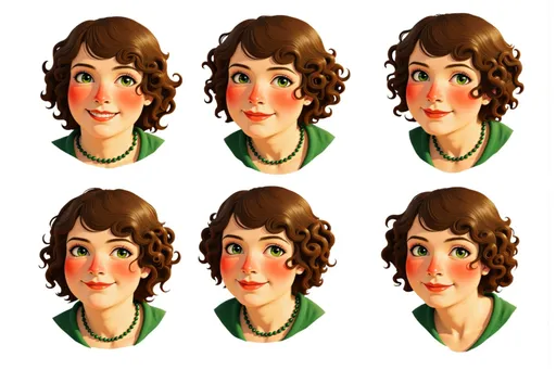 Prompt: digital illustration young woman 90625884 with brown curly hair, green eyes, rosy cheeks, green shirt, beaded necklace A composition featuring six different facial expressions of the character, from shoulders up, arranged in a grid pattern on a white background. The expressions include: Laughing: Wide smile, eyes crinkled, exuberant joy. Crying: Tears streaming, furrowed brows, open mouth. Angry: Furrowed brows, clenched teeth, intense gaze. Shy: Slight blush, eyes averted, small smile. Surprised: Raised eyebrows, wide eyes, open mouth. Scared: Wide eyes, open mouth, tense facial muscles. Character details remain consistent across all expressions with shoulders visible to frame the face. Each expression is clear and easily recognizable against the clean white background.