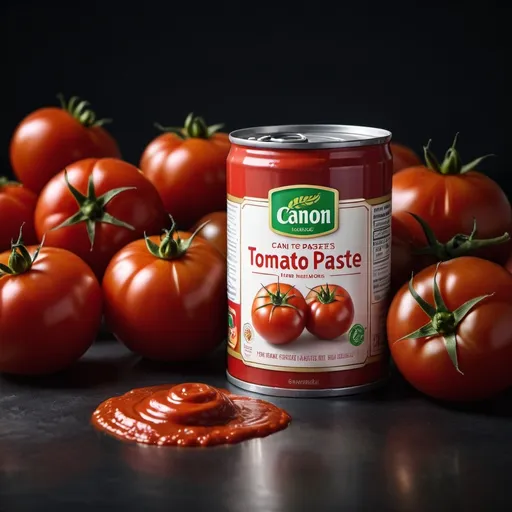 Prompt: a can of tomato paste, around wonderful tomatoes, realistic photo, with the lighting of the scene coming from left to right, photographed with a Canon R5, with a 24mm lens, dynamic pose, epic composition, advertising photography, palette cinematographic color