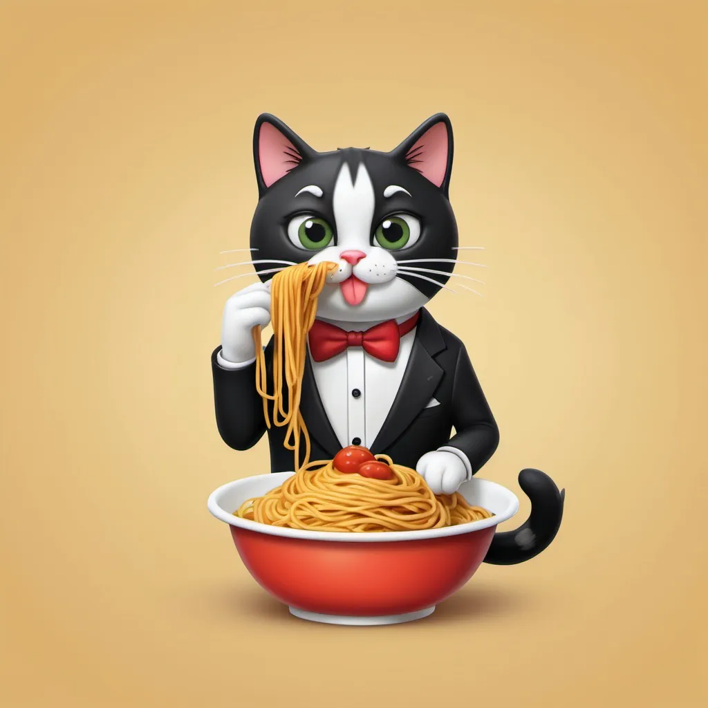 Prompt: An emoji with a tuxedo cat eating spaghetti-o’s