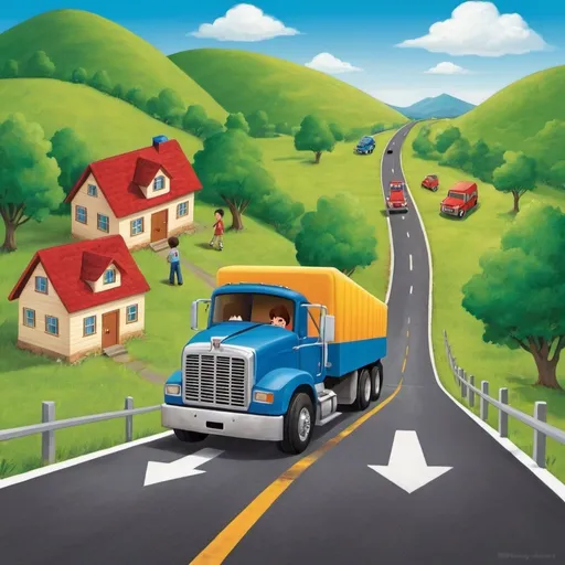 Prompt: rodeway transportation education through song . I need a boy looking on the road from between of hill  and road on two side where different rodeway vehicle is running