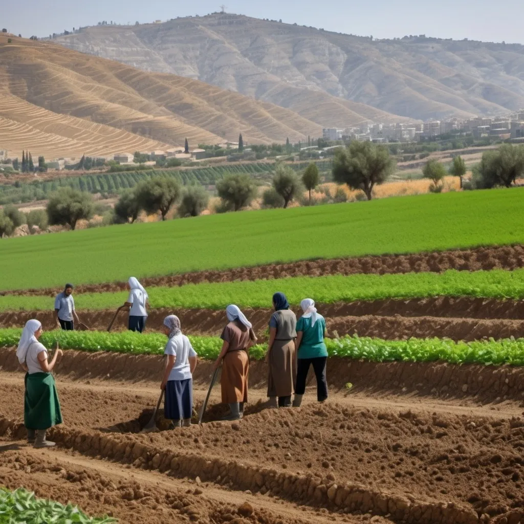 Prompt: A group of people cultivating a field through shared practice. Realistic, photograph, Israeli landscape and climate, green hills and small mountains in the background, simple worker clothes.