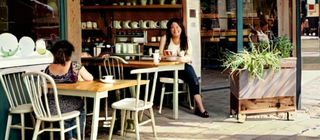 Prompt: The woman on the picture in a settin of a cafe with customers