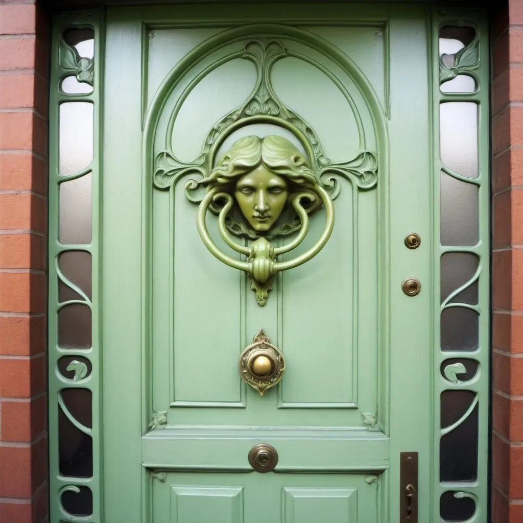 Prompt: light green art nouveau door with aquarius knocker