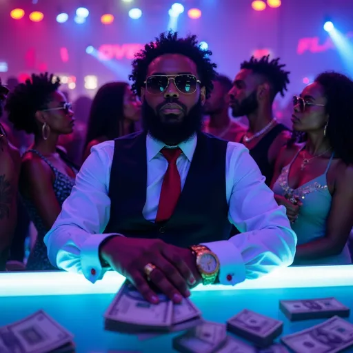 Prompt: @CeG7JhxuuS88xJqZcy9E in a night club surrounded by black people dancing while he counts stacks of hundreds nonchalantly 
