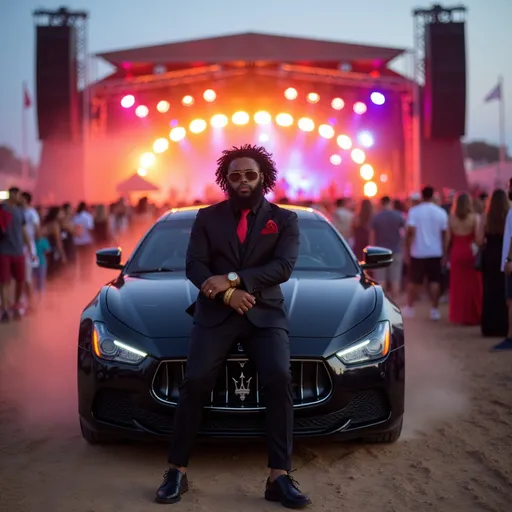 Prompt: @CeG7JhxuuS88xJqZcy9E Driving a Black maserati quattraporte up to the stage of a music festival 