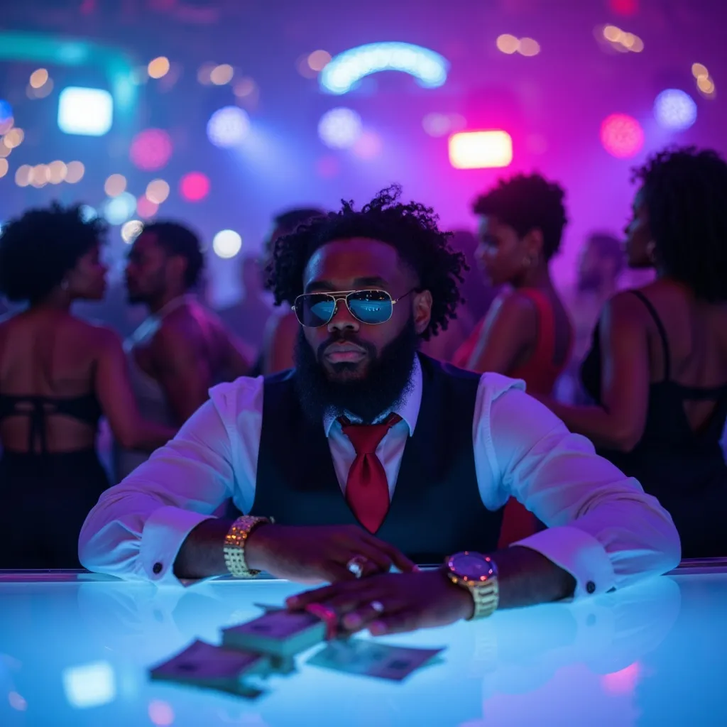 Prompt: @CeG7JhxuuS88xJqZcy9E in a night club surrounded by black people dancing while he counts stacks of hundreds nonchalantly 