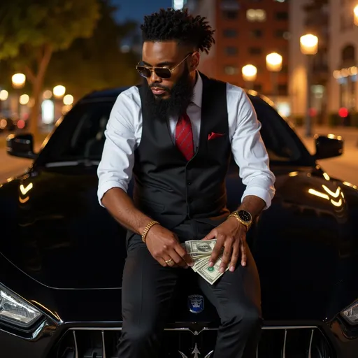 Prompt: @CeG7JhxuuS88xJqZcy9E is sitting on a black maserati Ghibli counting 100 dollar bills