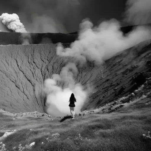 Prompt: A Japanese young woman jumps into the fiery pit of  Mount Mihara volcano, black and white drawing, detailed shading, grayscale, beautiful, detailed masterpiece, sad, subtle, calming, inspiring, melancholy, introspective.