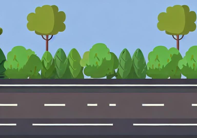 Prompt: lateral view of a long straight road starting from left and ending in the right side of the image, one side to the other horizontally with a beautiful garden with green pines and little berry bushes on the background, 2D,  very wide take, high distance, high detail, comic style.