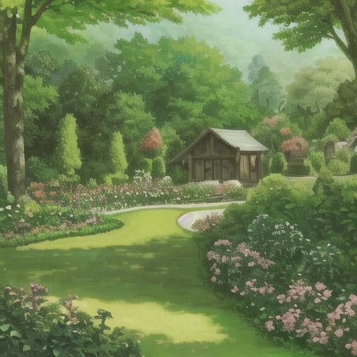 Prompt: a beautiful garden wit green pines and little berry bushes, 2D, very wide take, high detail.