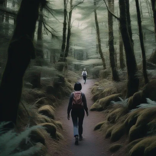 Prompt: a woman taking her last hike on a path inside the Aokigahara forest, beautiful, inspiring, solitude, peace, cinematic