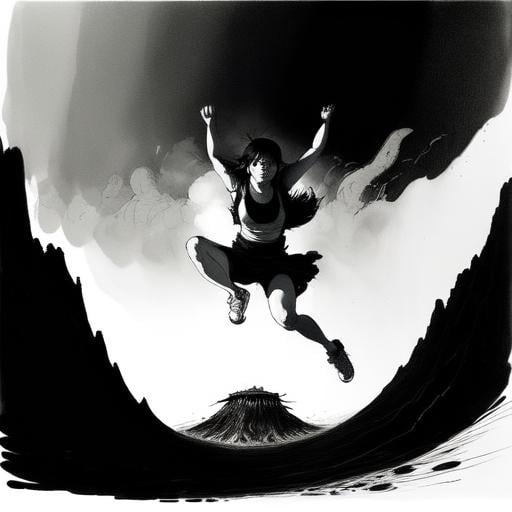 Prompt: Very wide take of a young Japanese woman jumping into the fiery pit of  Mount Mihara volcano, black and white drawing, grayscale, beautiful, detailed masterpiece, sad, subtle, inspiring, melancholy, introspective.