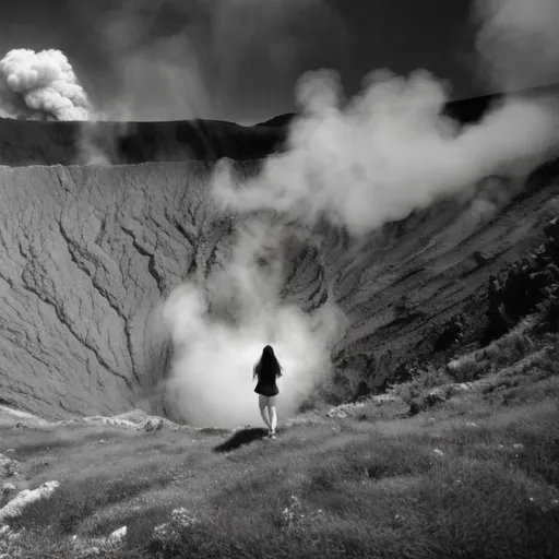 Prompt: A Japanese young woman jumps into the fiery pit of  Mount Mihara volcano, black and white drawing, detailed shading, grayscale, beautiful, detailed masterpiece, sad, subtle, calming, inspiring, melancholy, introspective.