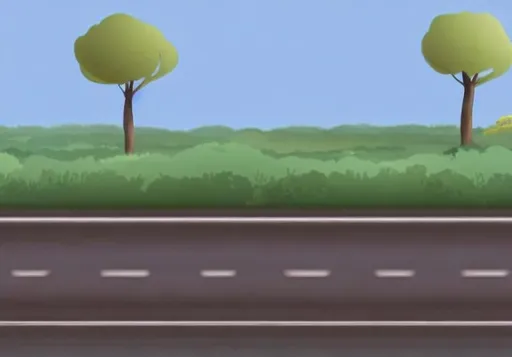 Prompt: lateral view of a long straight road starting from left and ending in the right side of the image, one side to the other horizontally with a beautiful garden with green pines and little berry bushes on the background, 2D,  very wide take, high distance, high detail, comic style.