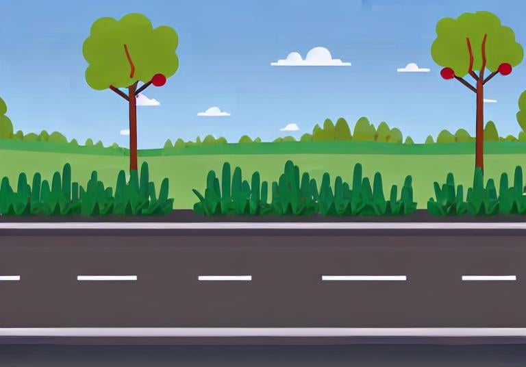 Prompt: lateral view of a long straight road starting from left and ending in the right side of the image, one side to the other horizontally with a beautiful garden with green pines and little berry bushes on the background, 2D,  very wide take, high distance, high detail, comic style.