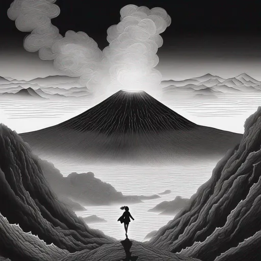 Prompt: Very wide distant take of a 21 years old Japanese woman jumping into the fiery pit of  Mount Mihara volcano, black and white drawing, detailed shading, grayscale, beautiful, detailed masterpiece, sad, subtle, calming, inspiring, melancholy, introspective.