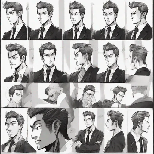 Prompt: Different angles, character sheet of Al Hack a young executive man elegantly dressed in a dark suit, multiple poses, white background, clear detailed, fine details, sharp focus, in the style of B&W ink and paper Japanese Manga.