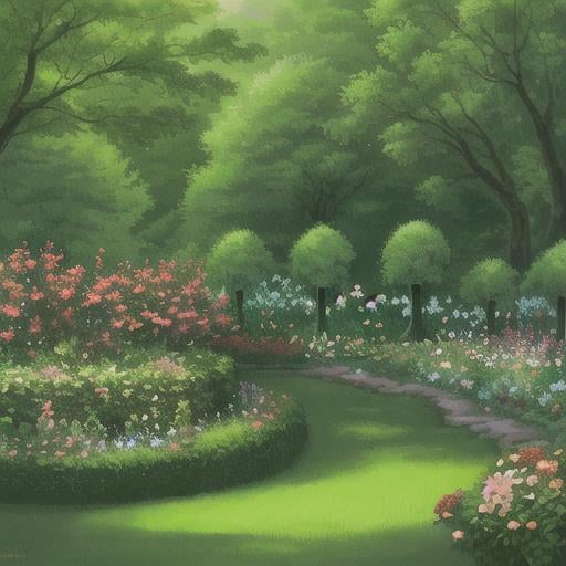 Prompt: a beautiful garden wit green pines and little berry bushes, 2D, very wide take, high detail.
