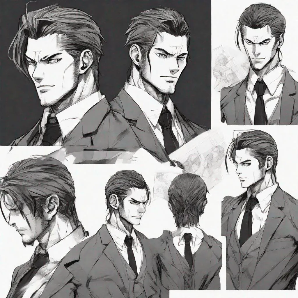 Prompt: Different angles, character sheet of Al Hack a young executive man elegantly dressed in a dark suit, multiple poses, white background, clear detailed, fine details, sharp focus, in the style of B&W ink and paper Japanese Manga.