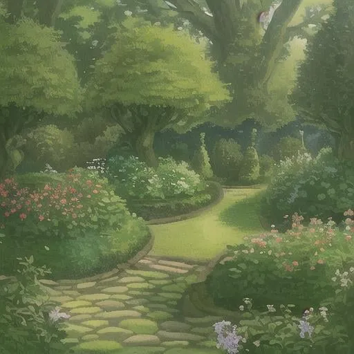 Prompt: a beautiful garden wit green pines and little berry bushes, 2D, high detail.