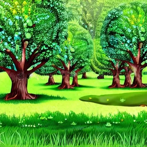 Prompt:  tree-lined road with a beautiful garden green pines  little berry bushes on the background, 2D,  very wide take, high distance, high detail, comic style.