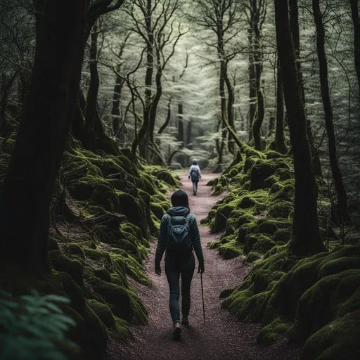 Prompt: a woman alone taking her last hike on a path inside the Aokigahara forest, beautiful, inspiring, solitude, peace, cinematic