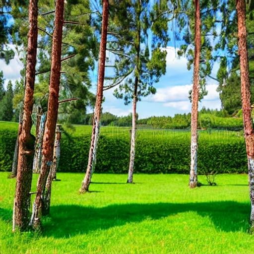 Prompt: lateral view of a long straight road starting from left and ending in the right side of the image, one side to the other horizontally with a beautiful garden with green pines and little berry bushes on the background, 2D,  very wide take, high distance, high detail, comic style.