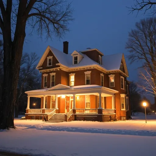 Prompt: A calm, snowy night with a warm glow coming from the windows of the Johnson house.