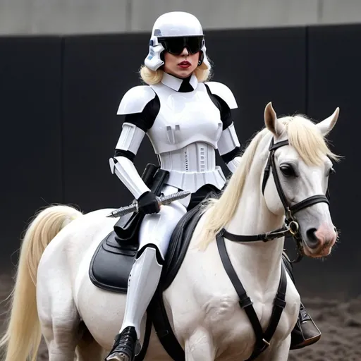 Prompt: Lady Gaga riding a horse with two swords dressed as a stormtrooper without a helmet