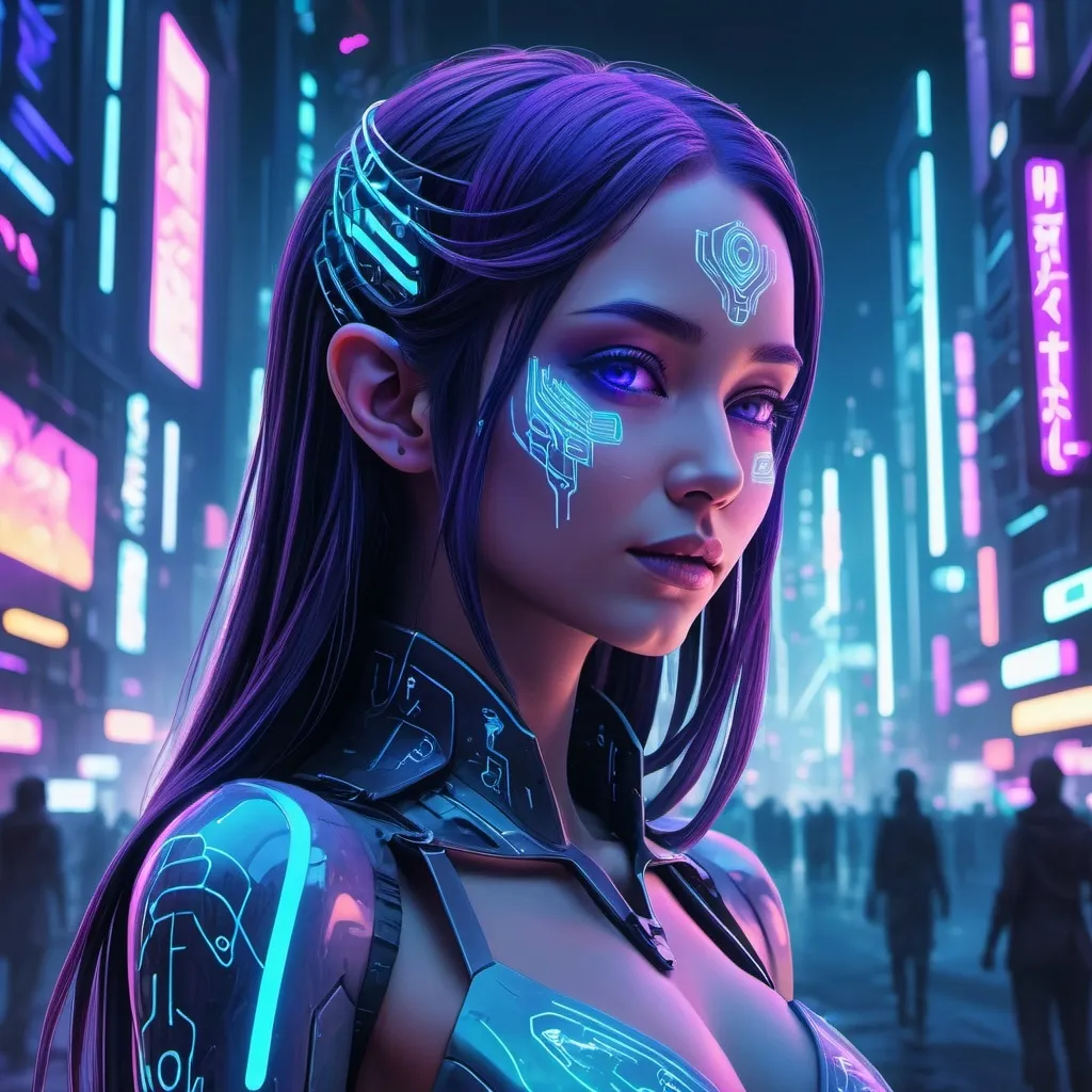 Prompt: Anime cyberpunk sty, elvish female ai hologram, highly detailed, HD, dark background