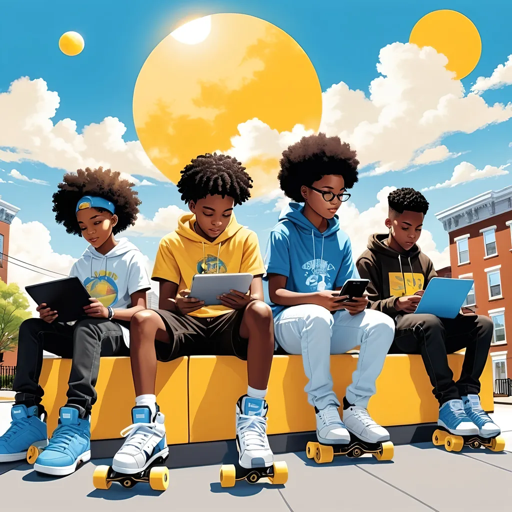 Prompt: illustrations of young black kids sitting on books with black teens on roller blades with cell phones, computers and tablets, under bright blue skies and fluffy white clouds with big round yellow sun behind them surrounded by brownstone houses.