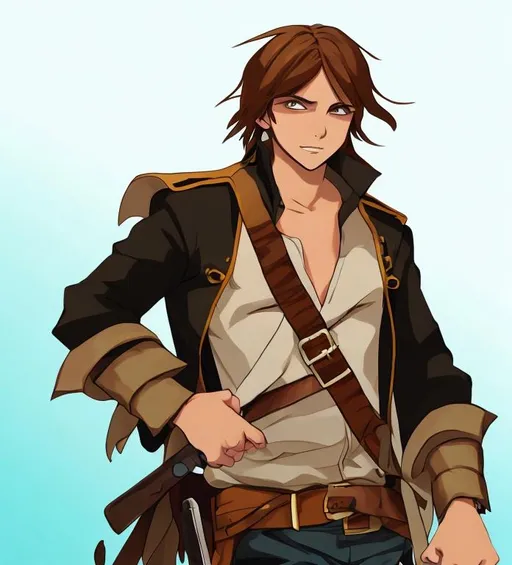 Prompt: young pirate,brown hair,no beard  holding a gun anime style