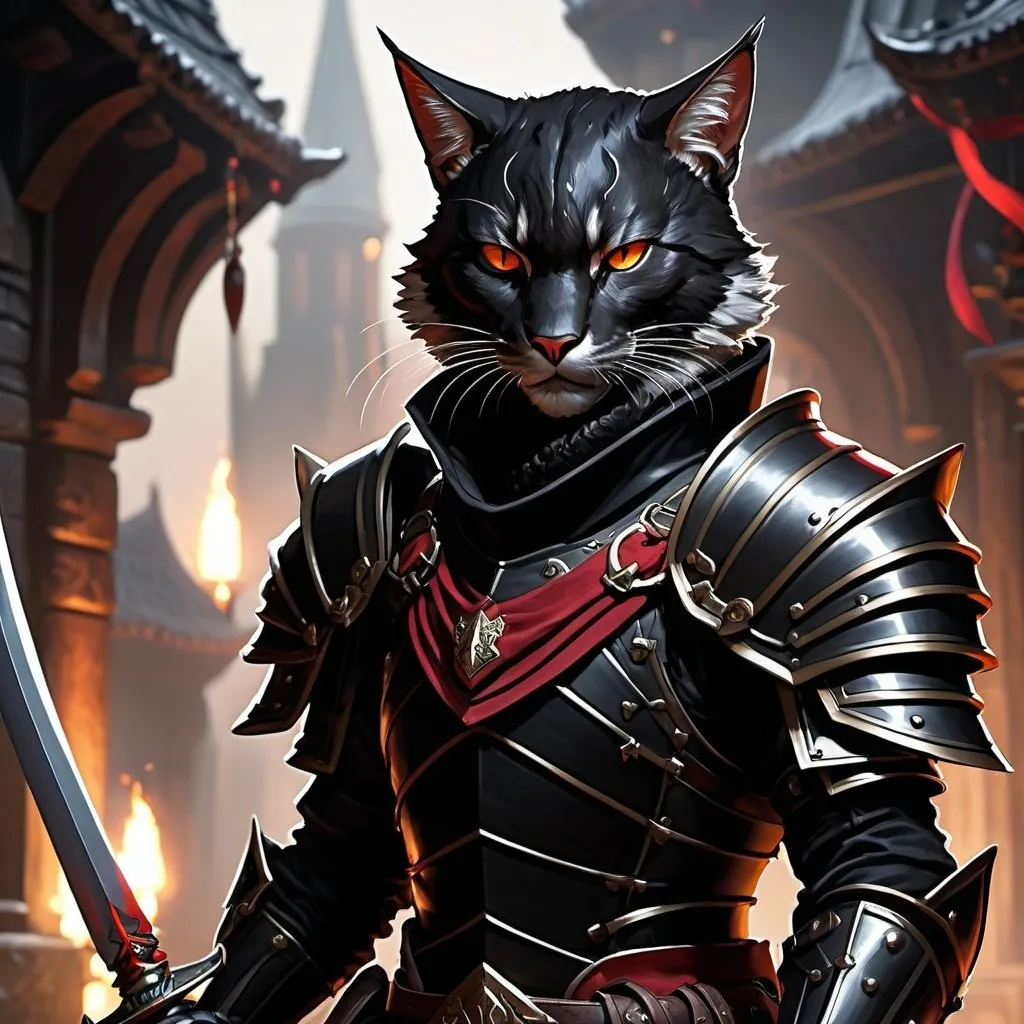 Prompt: Male pitch black red eyes tabaxi DnD rogue in black armor, dual-wielding daggers, intense fighting pose, detailed fur with cool reflections, high res, ultra-detailed, fantasy, action, black armor, intense, detailed eyes, sleek design, professional, dramatic lighting