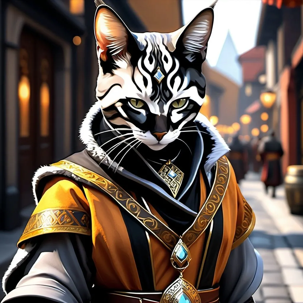 Prompt: Female smokey grey cat eyes tabaxi DnD monk in commoner regalia, detailed fur with cool reflections, high res, ultra-detailed, fantasy, action, black armor, intense, detailed eyes, sleek design, professional, dramatic lighting. walking common streets of city