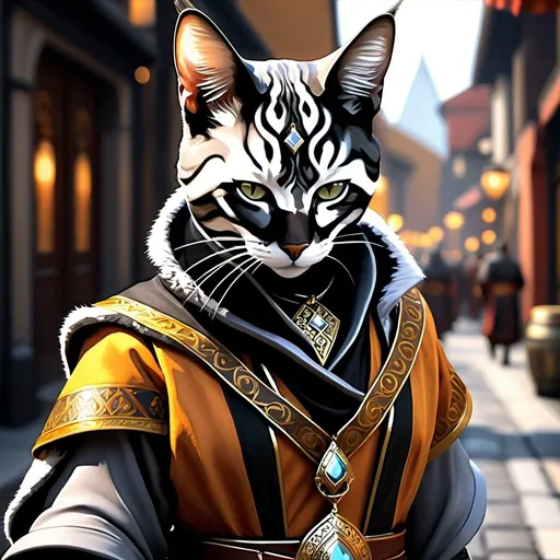 Prompt: Female smokey grey cat eyes tabaxi DnD monk in commoner regalia, detailed fur with cool reflections, high res, ultra-detailed, fantasy, action, black armor, intense, detailed eyes, sleek design, professional, dramatic lighting. walking common streets of city