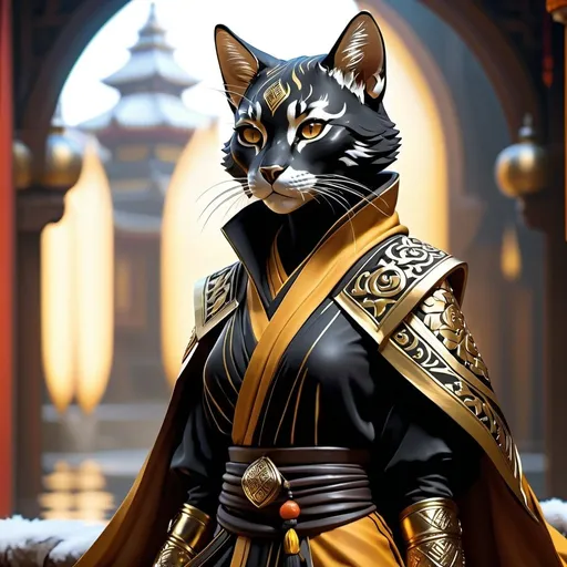 Prompt: Female black gold eyes tabaxi DnD monk in fur clothing, wise and calm pose, detailed fur with cool reflections, high res, ultra-detailed, fantasy, action, black armor, intense, detailed eyes, sleek design, professional, dramatic lighting