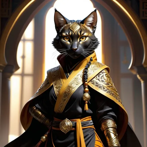 Prompt: Female black gold eyes tabaxi DnD monk in fur clothing, wise and calm pose, detailed fur with cool reflections, high res, ultra-detailed, fantasy, action, black armor, intense, detailed eyes, sleek design, professional, dramatic lighting