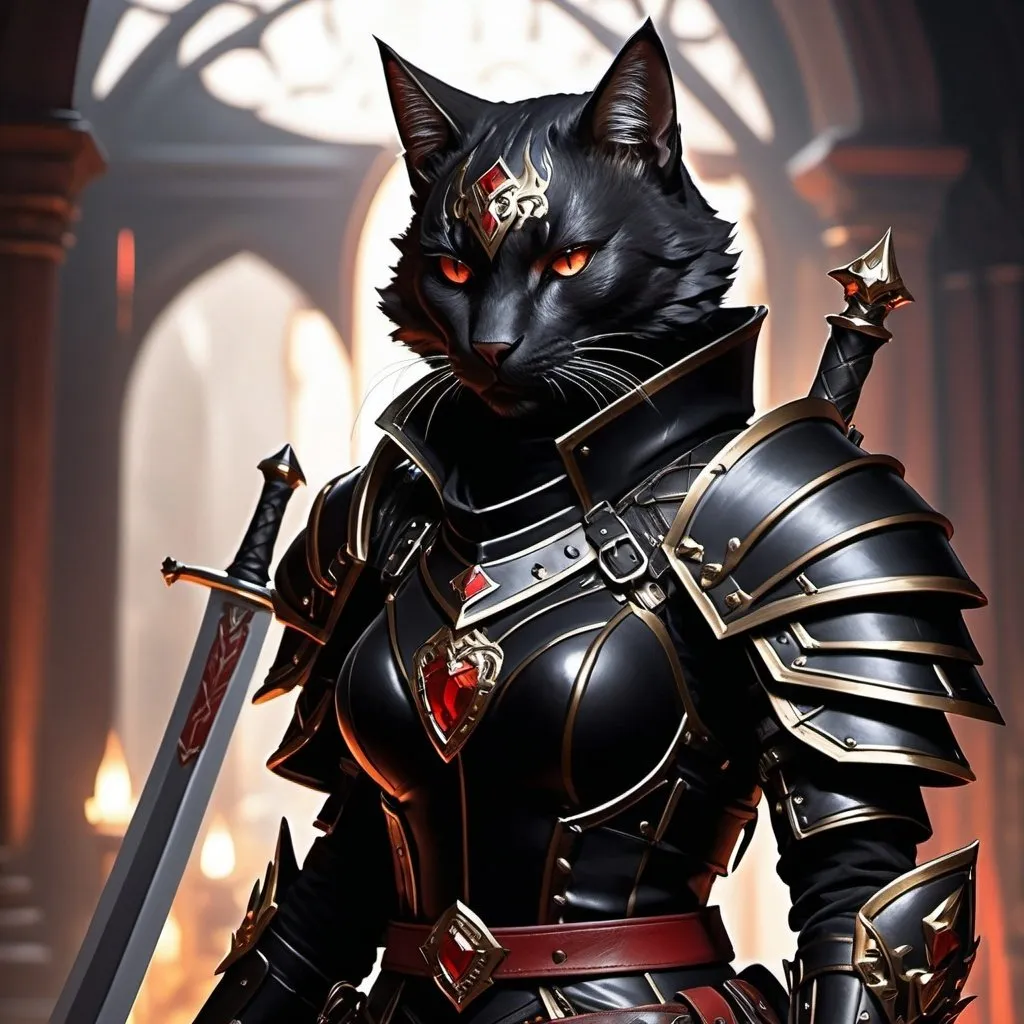 Prompt: Female pitch black red eyes tabaxi DnD rogue in black armor, dual-wielding daggers, intense fighting pose, detailed fur with cool reflections, high res, ultra-detailed, fantasy, action, black armor, intense, detailed eyes, sleek design, professional, dramatic lighting