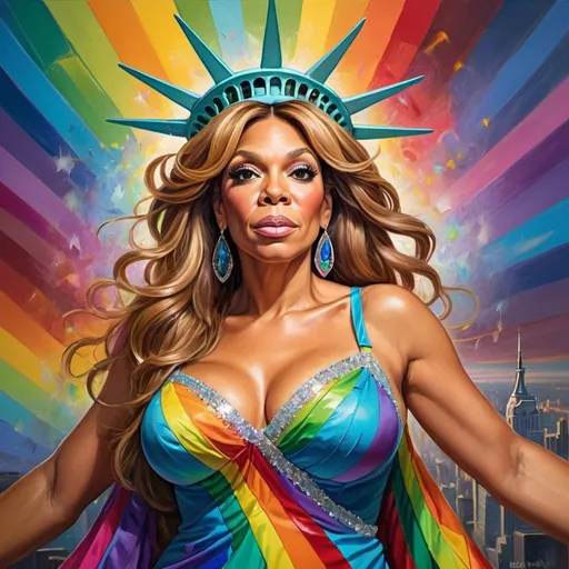 Prompt: Wendy Williams, vibrant oil painting, elaborate rainbow lady liberty gown, 4k, high-detail,  vibrant colors, disco, detailed facial features, atmospheric lighting