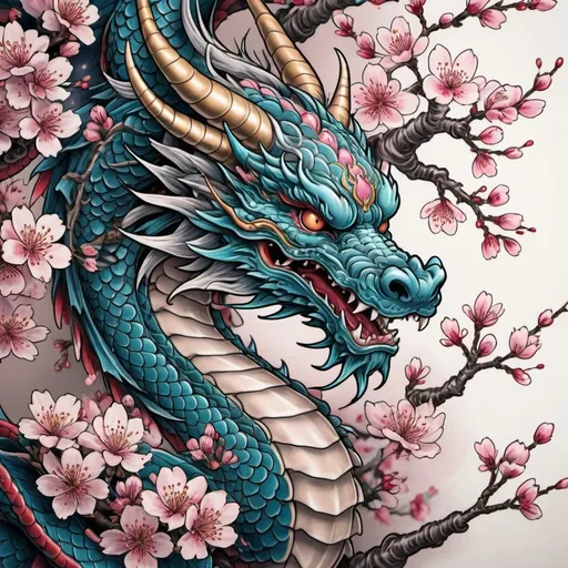 Prompt: Tattoo design of a majestic dragon and blooming sakura, traditional ink illustration, intricate linework, vibrant colors, high quality, traditional Japanese style, detailed scales, delicate cherry blossoms, powerful presence, dynamic composition, dynamic, vibrant, traditional ink, dragon, sakura, intricate linework, vibrant colors, powerful, detailed scales, dynamic composition