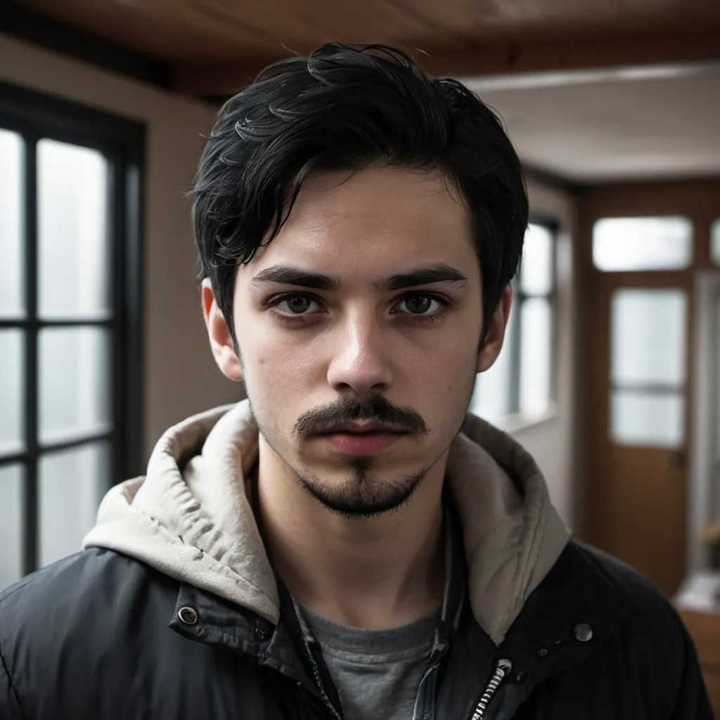 Prompt: 1boy, beard, black eyes, black hair, facial hair, hood, indoors, jacket, lips, looking at viewer, male focus, mustache, realistic, solo, stubble