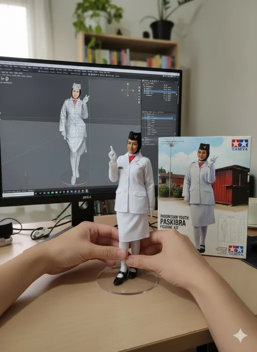Prompt: Nure two hand gently pick up the figure on the frame and rotate it slightly for inpection. The model in the packaging box remain stationary, while all other background elements stay unchanged.
