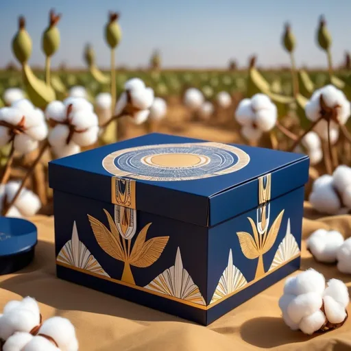 Prompt: Egyptian inspired design for a navy blue box for cotton products around sunlight in cotton field