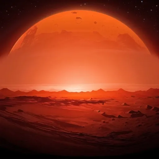 Prompt: (image of Mars from space), (entire planet view), circular composition, inspired by "The Martian Chronicles", cosmic backdrop, rich red and orange hues, deep black starry background, vibrant celestial contrasts, high definition, ultra-detailed, sci-fi ambiance, evoking a sense of wonder and exploration, captivating planetary features, celestial panorama, artistic interpretation.