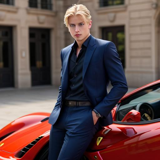 Prompt: A handsome young man with blond hair and blue eyes is posing in front of the ferrari