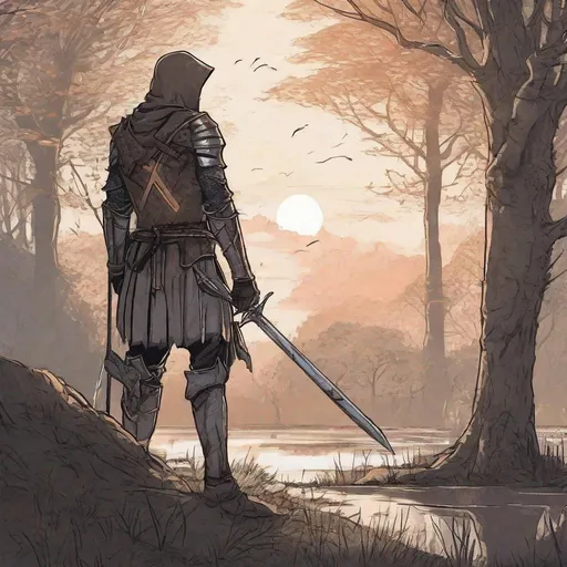 Prompt: An arrow stuck in his shoulder, his sword stuck in the ground. He is a knight leaning on a tree and waiting for death while watching the sunrise.