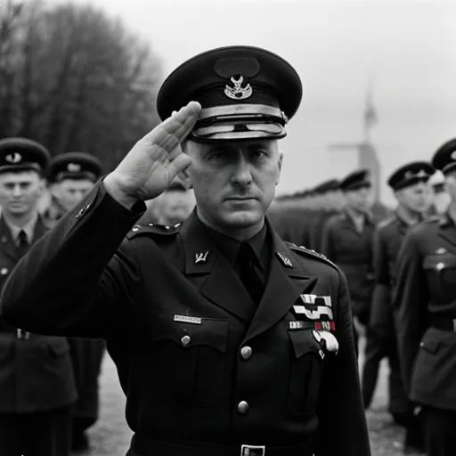 Prompt: A Nazi general salutes his soldiers in World War II, black white photo