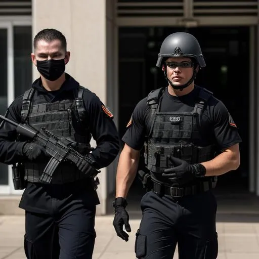 Prompt: Special operations soldiers are wearing black uniforms and they have captured a criminal. They are holding the criminal's hands and posing for picture. The criminal has a black bag on his head.