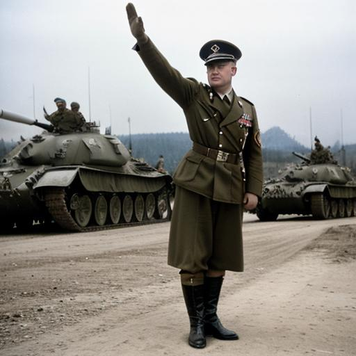 Prompt: A Nazi general salutes his soldiers in World War II